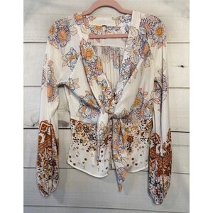 Free People Floral Tie Front Balloon Sleeve Blouse Cream Mixed Print Small